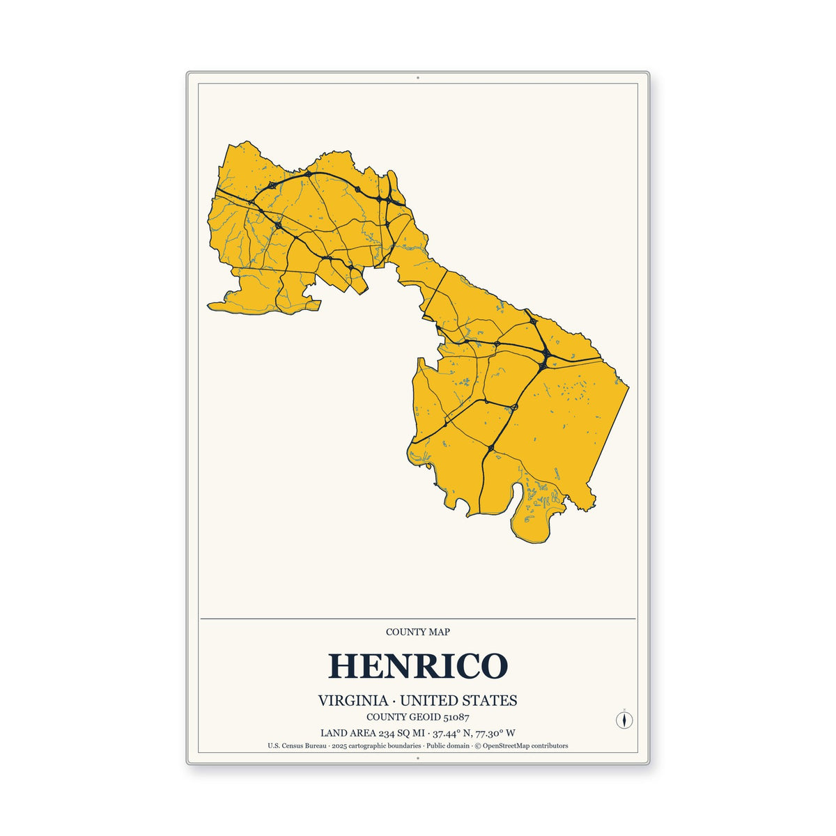 Henrico County, Virginia Map Aluminum Sign in Citrine Modern style