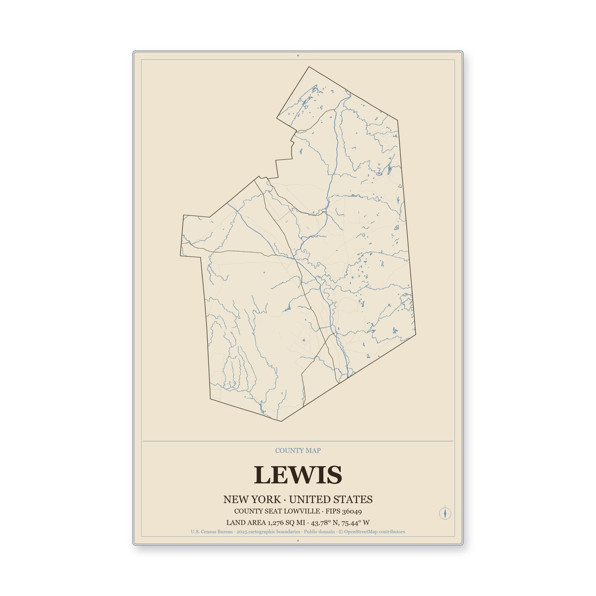 Lewis County, New York Map Aluminum Sign in Heritage Nautical style