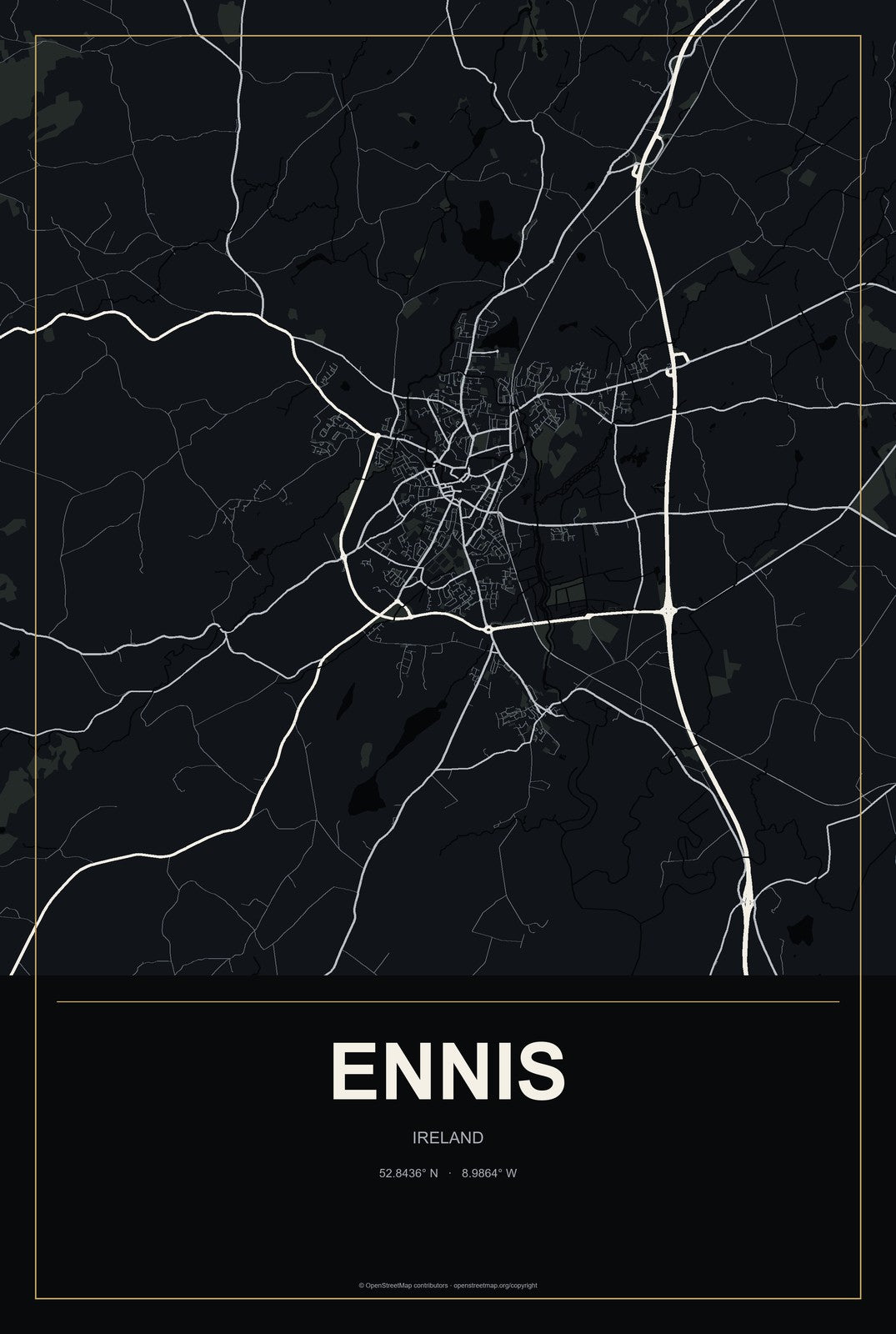 Ennis, Ireland City Map Aluminum Sign in Metropolitan Noir style