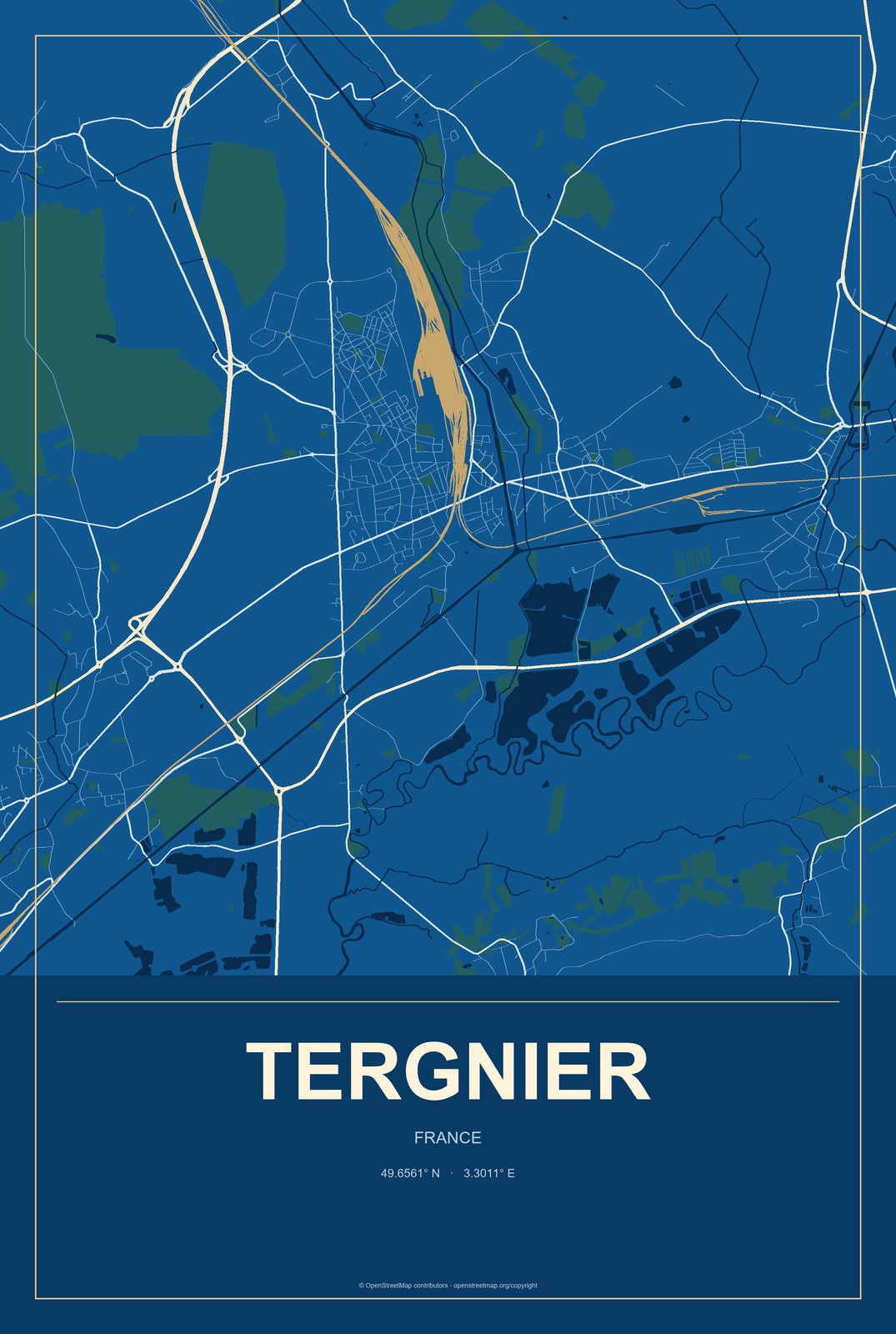 Tergnier, France City Map Aluminum Sign in Harbor Cobalt style