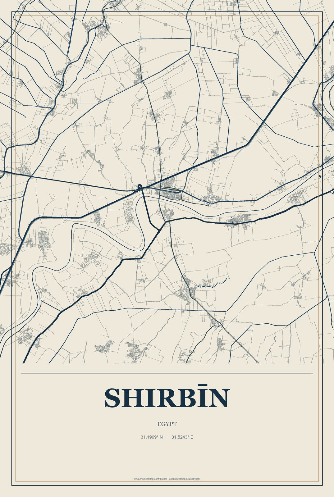 Shirbīn, Egypt City Map Aluminum Sign in Coastal Cutout style