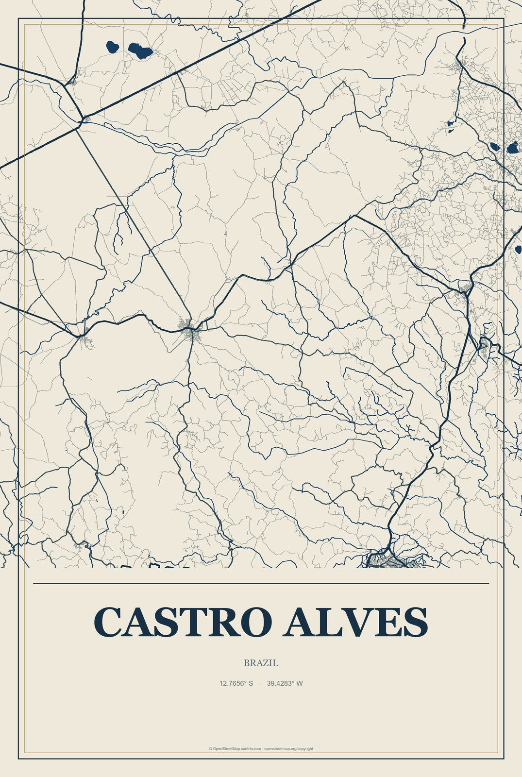 Castro Alves, Brazil City Map Aluminum Sign in Coastal Cutout style