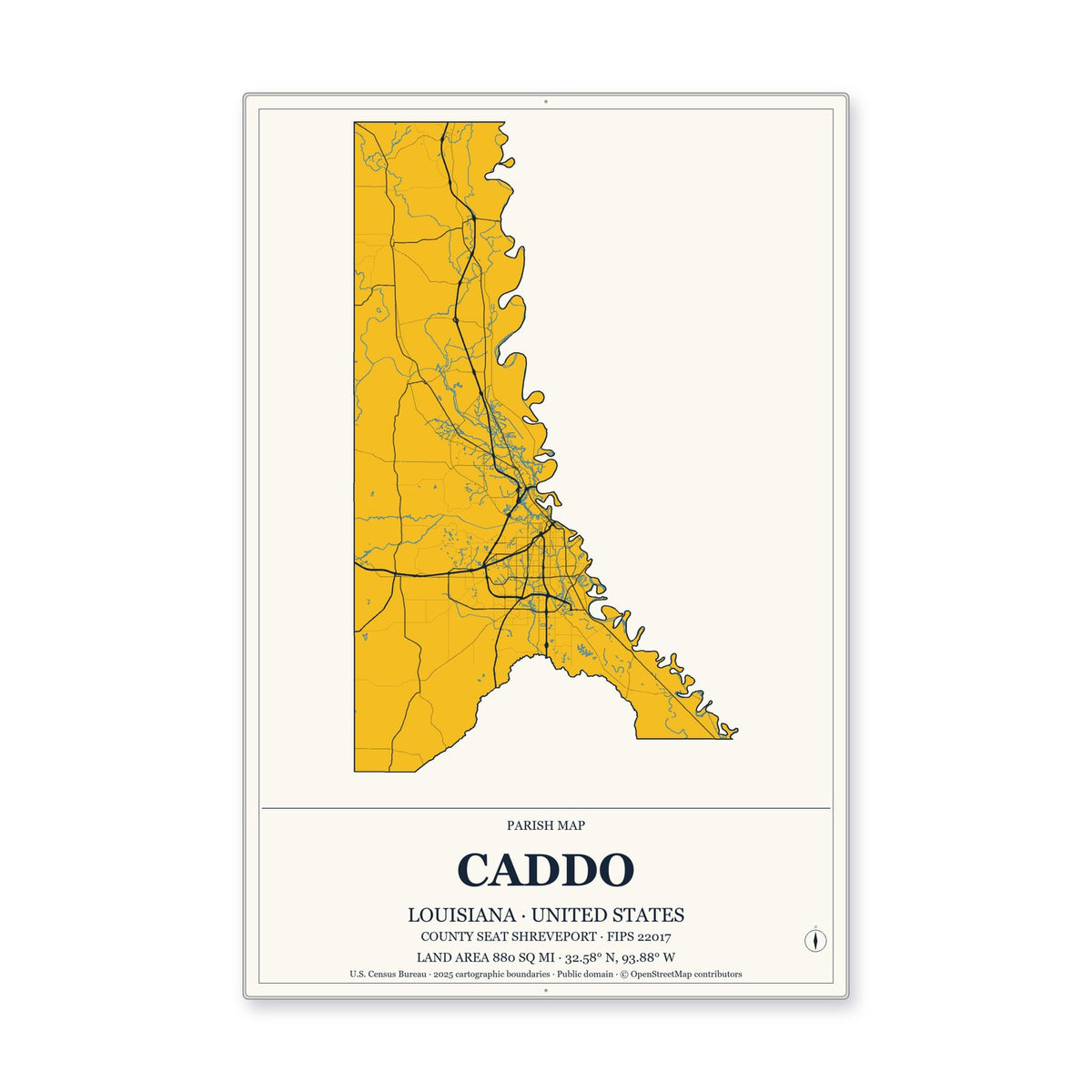 Caddo Parish, Louisiana Map Aluminum Sign in Citrine Modern style
