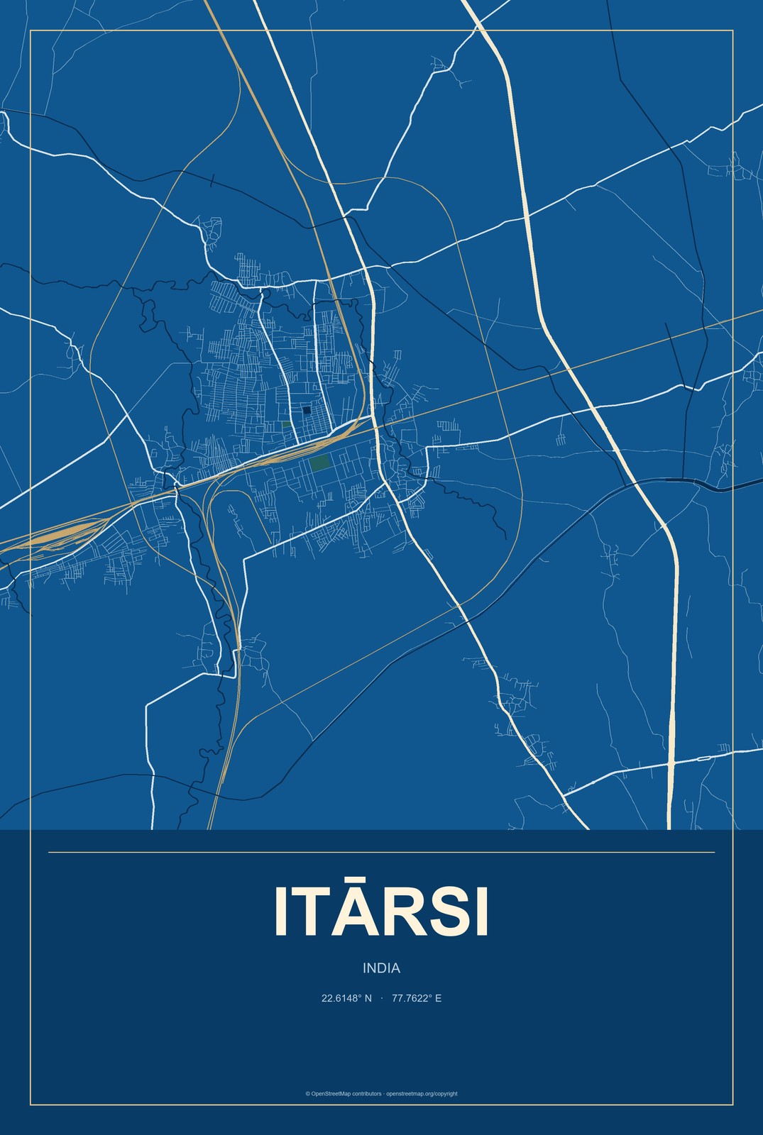 Itārsi, India City Map Aluminum Sign in Harbor Cobalt style