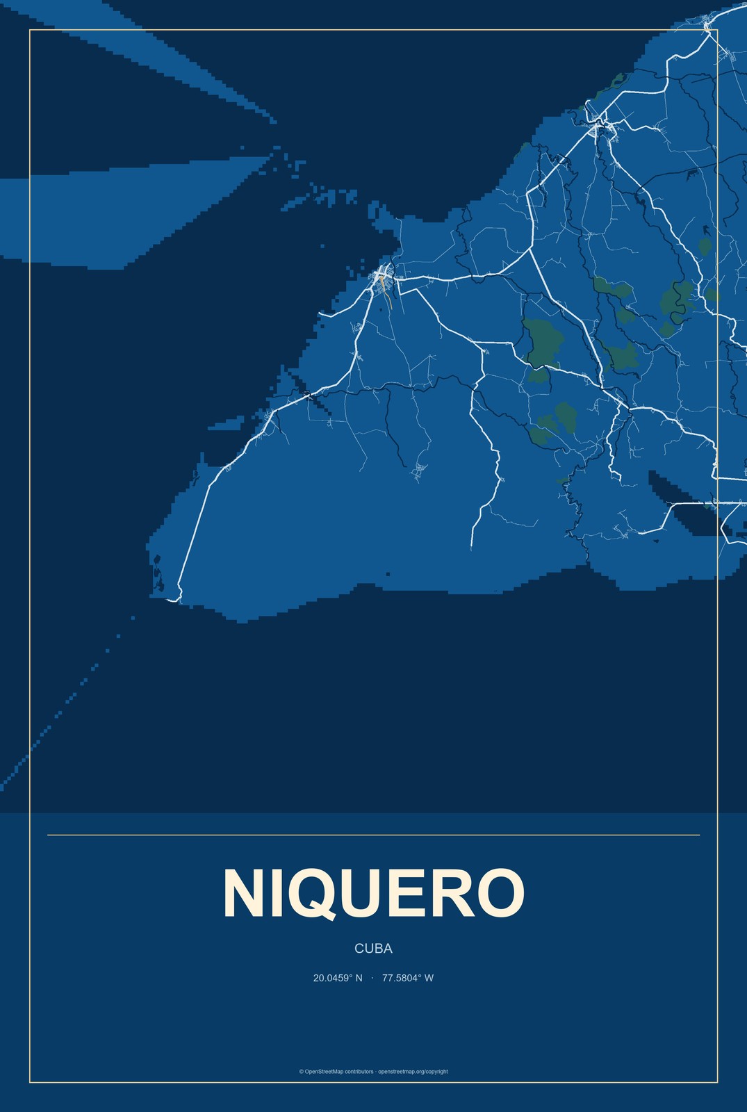 Niquero, Cuba City Map Aluminum Sign in Harbor Cobalt style