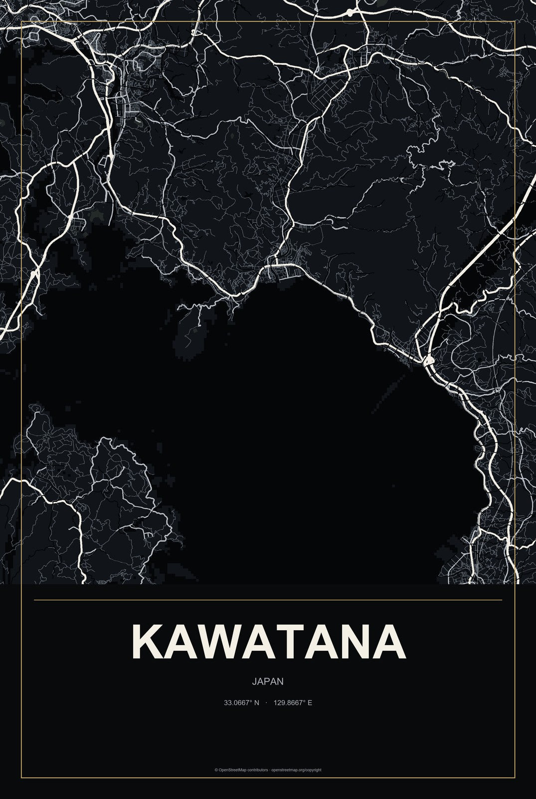 Kawatana, Japan City Map Aluminum Sign in Metropolitan Noir style