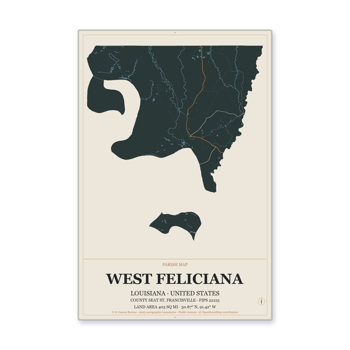 West Feliciana Parish, Louisiana Map Aluminum Sign in Headline Atlas style