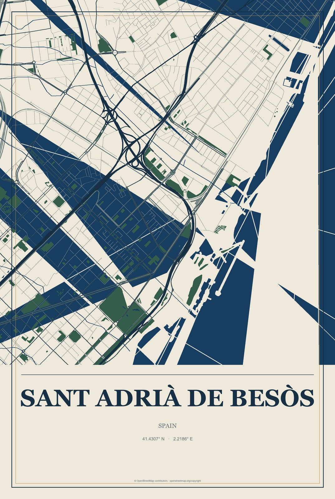 Sant Adrià de Besòs, Spain City Map Aluminum Sign in Coastal Cutout style