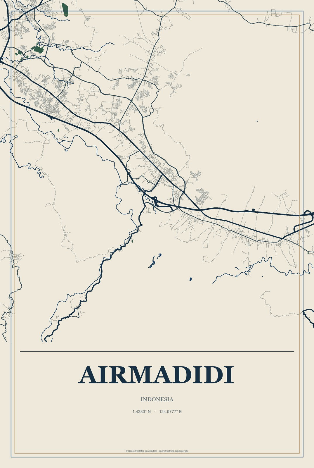 Airmadidi, Indonesia City Map Aluminum Sign in Coastal Cutout style