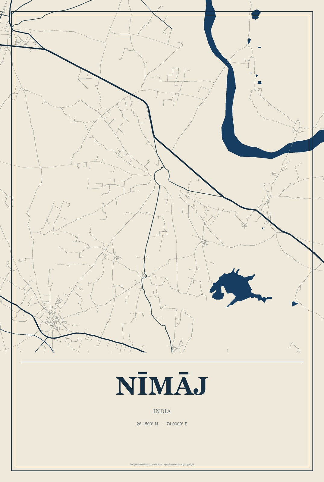 Nīmāj, India City Map Aluminum Sign in Coastal Cutout style