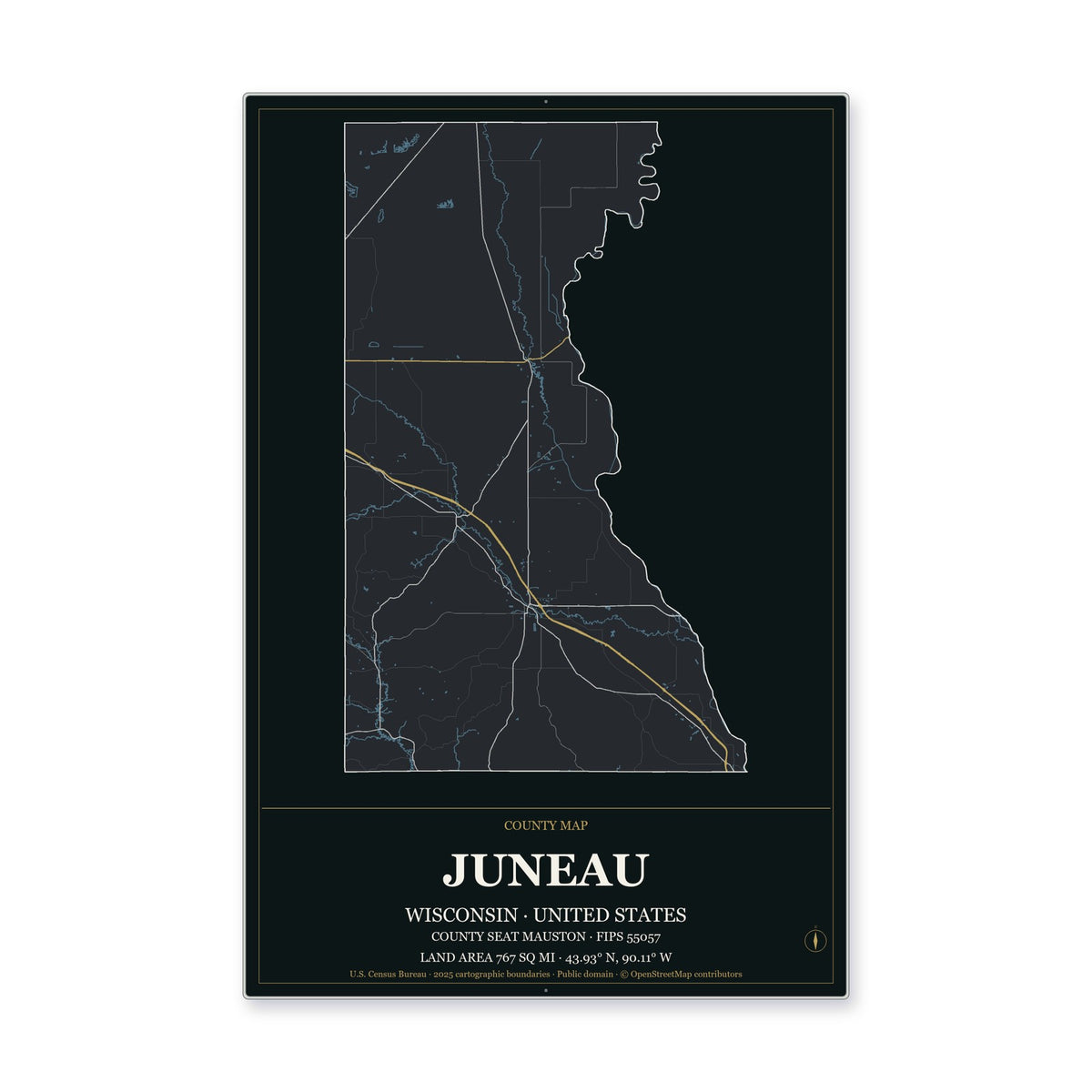 Juneau County, Wisconsin Map Aluminum Sign in Metropolitan Noir style
