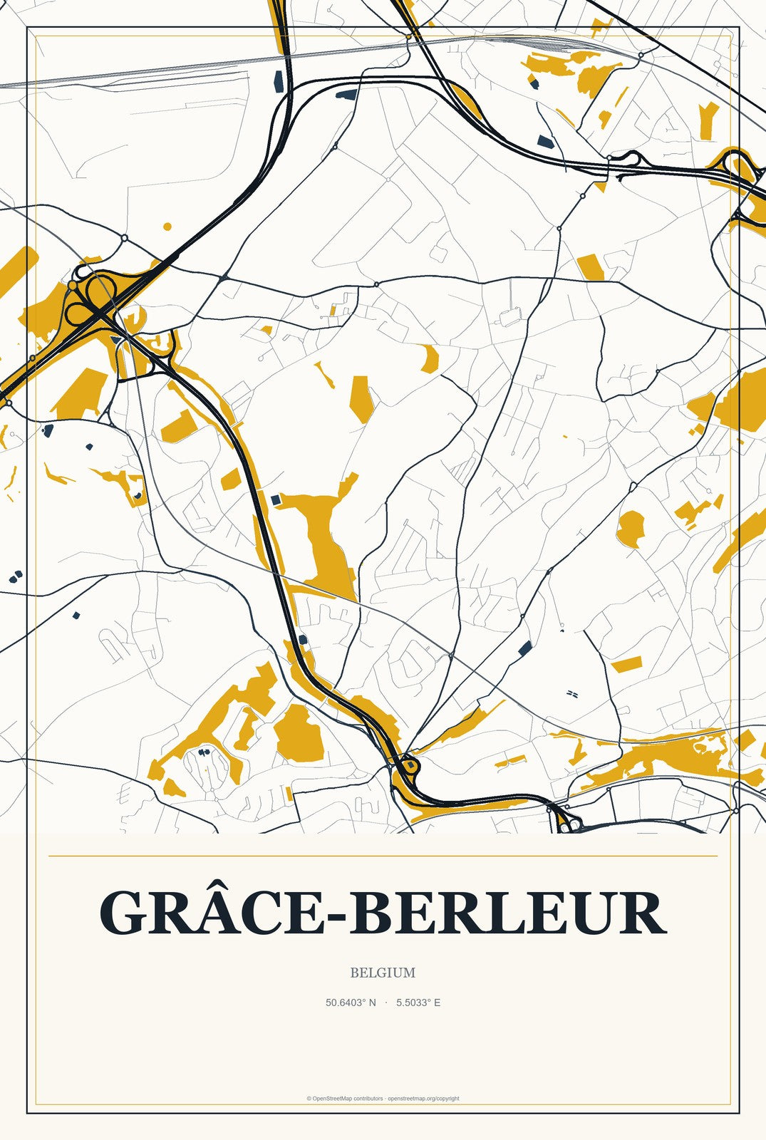 Grâce-Berleur, Belgium City Map Aluminum Sign in Citrine Modern style