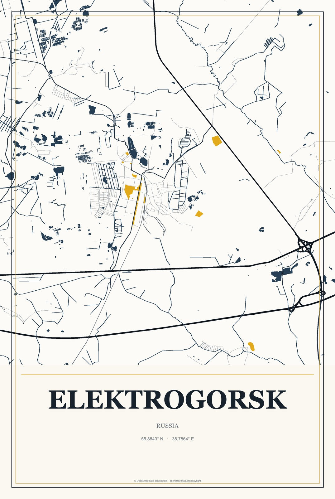 Elektrogorsk, Russia City Map Aluminum Sign in Citrine Modern style