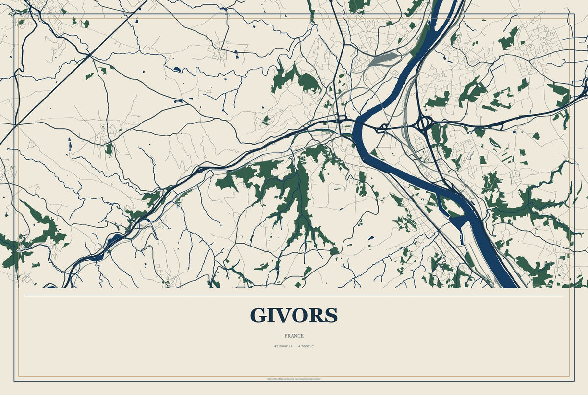 Givors, France City Map Aluminum Sign in Coastal Cutout style