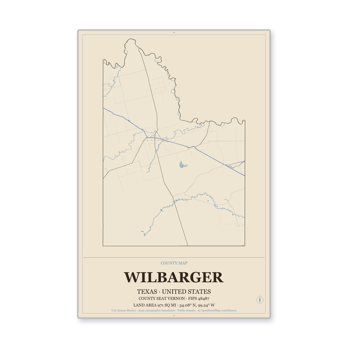 Wilbarger County, Texas Map Aluminum Sign in Heritage Nautical style