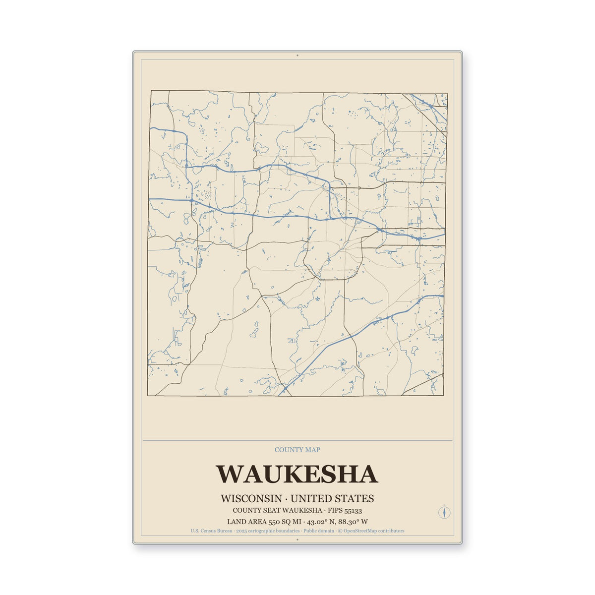 Waukesha County, Wisconsin Map Aluminum Sign in Heritage Nautical style