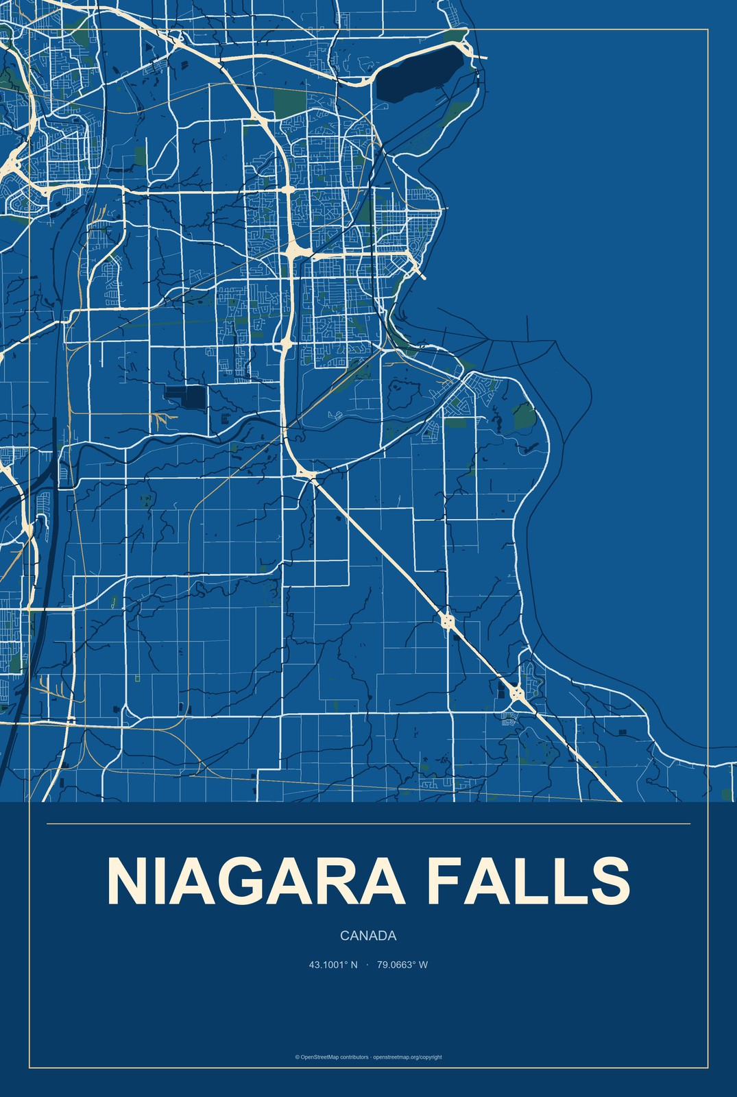 Niagara Falls, Canada City Map Aluminum Sign in Harbor Cobalt style