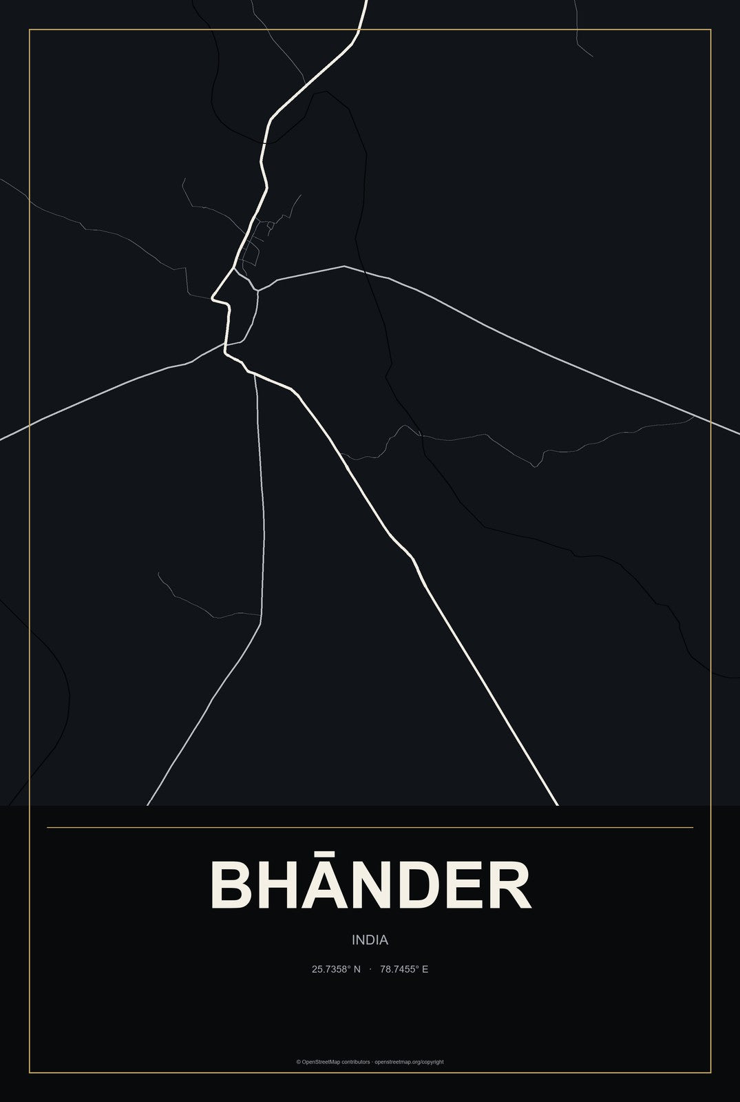 Bhānder, India City Map Aluminum Sign in Metropolitan Noir style