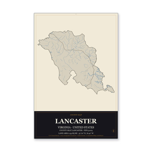 Lancaster County, Virginia Map Aluminum Sign in Museum Plaque style