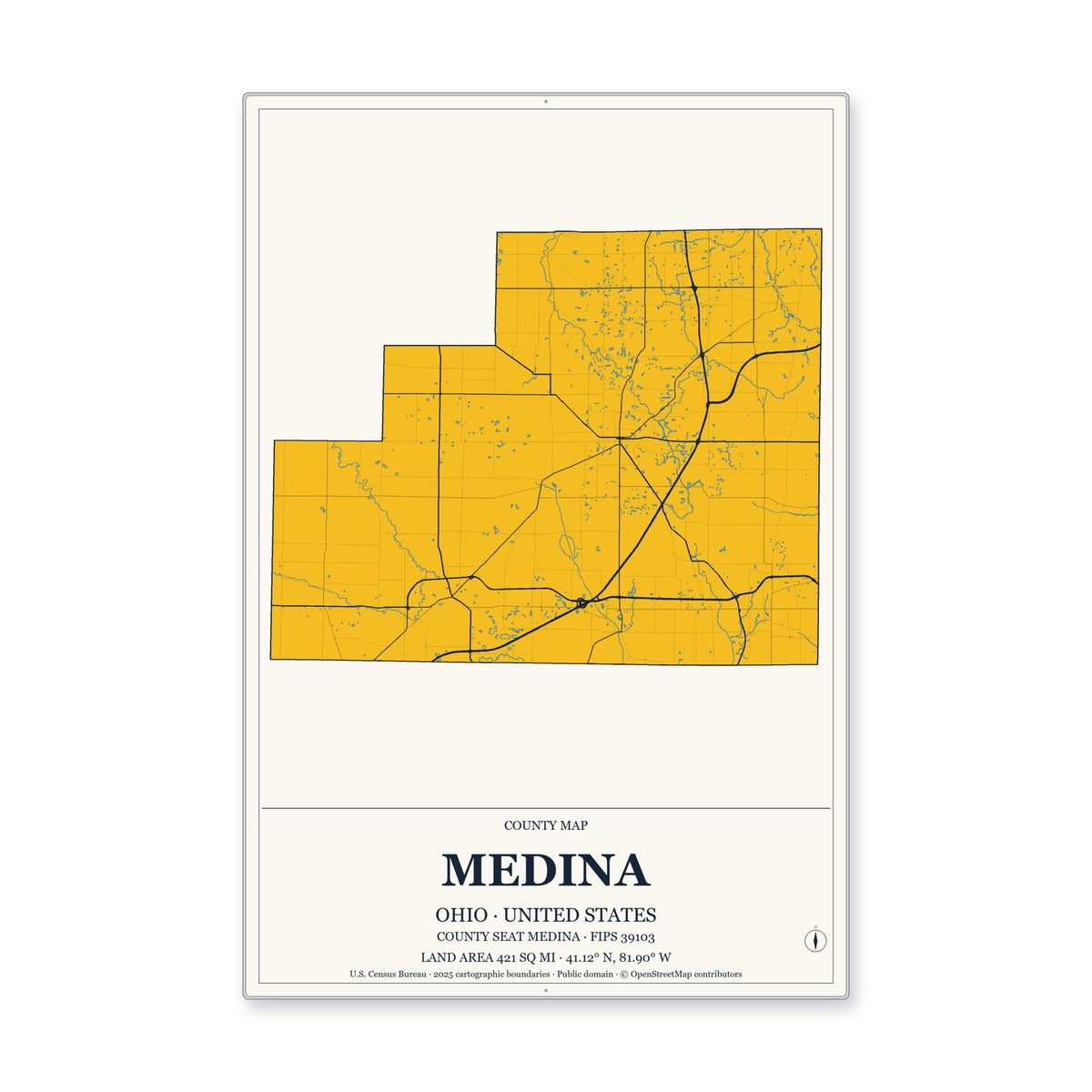 Medina County, Ohio Map Aluminum Sign in Citrine Modern style