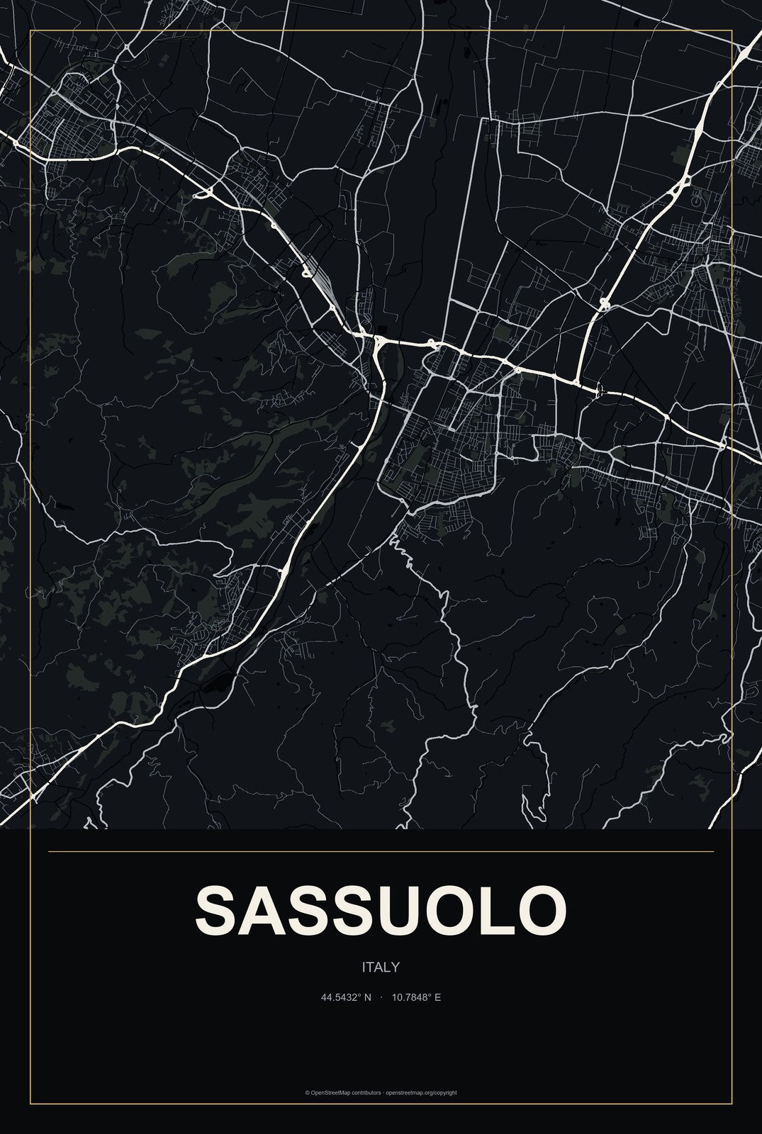 Sassuolo, Italy City Map Aluminum Sign in Metropolitan Noir style