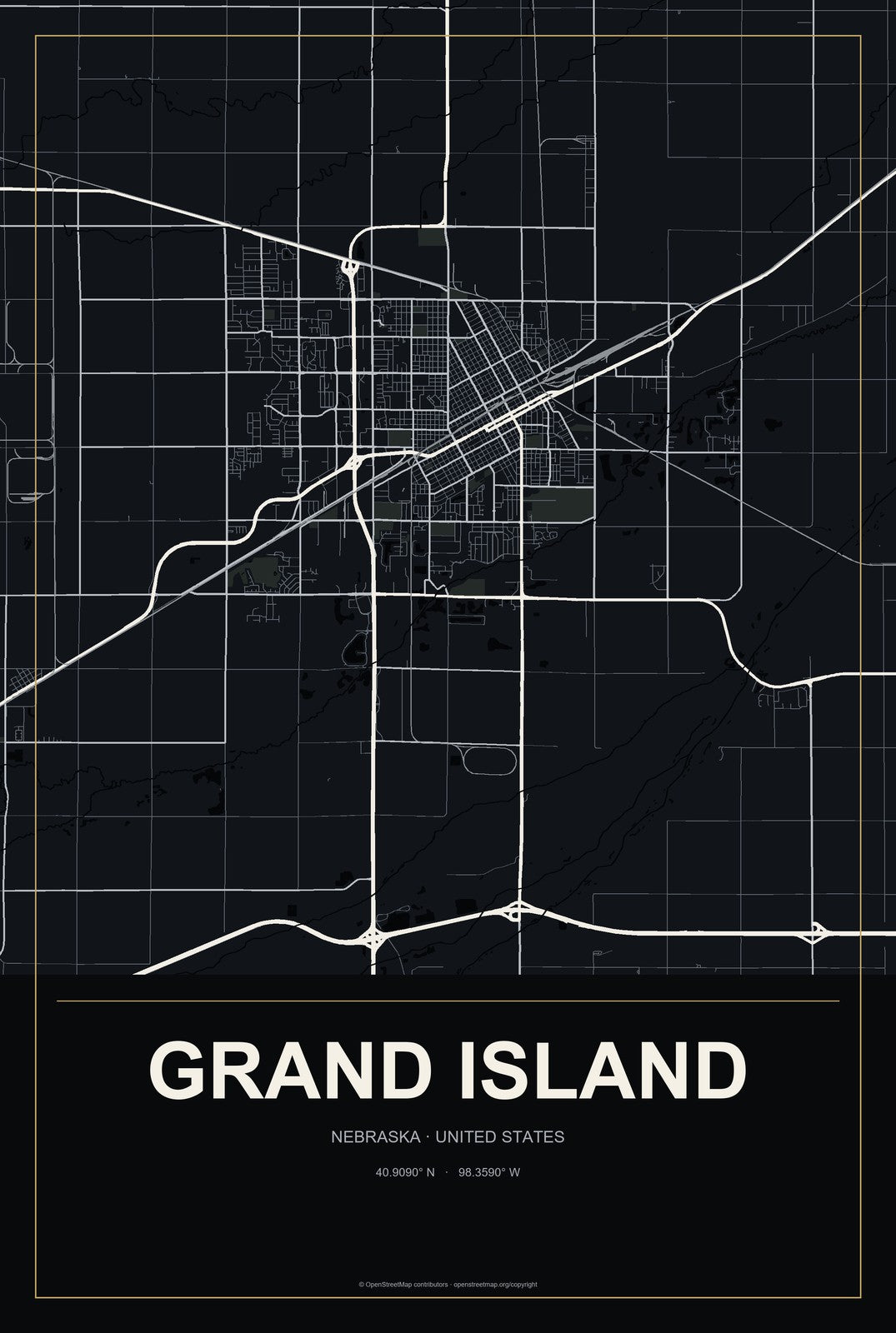 Grand Island, Nebraska City Map Aluminum Sign in Metropolitan Noir style