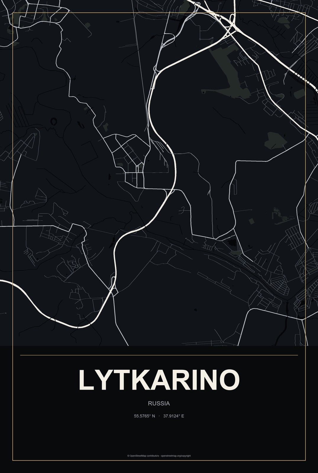 Lytkarino, Russia City Map Aluminum Sign in Metropolitan Noir style