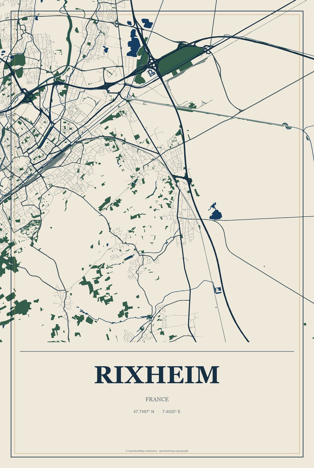 Rixheim, France City Map Aluminum Sign in Coastal Cutout style