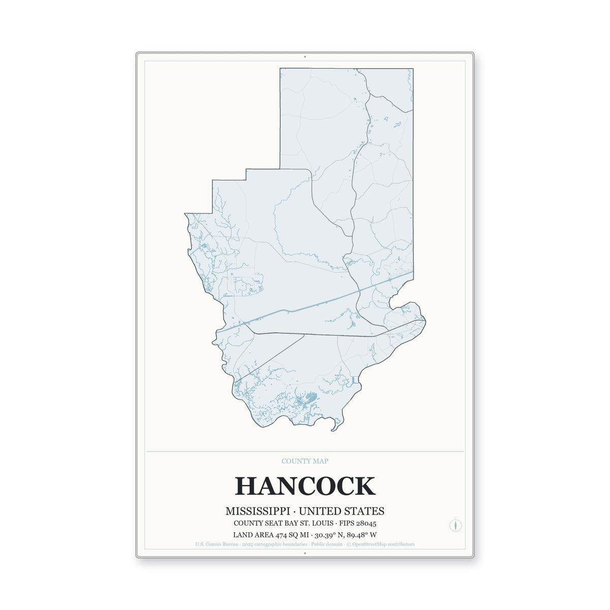 Hancock County, Mississippi Map Aluminum Sign in Gallery Air style