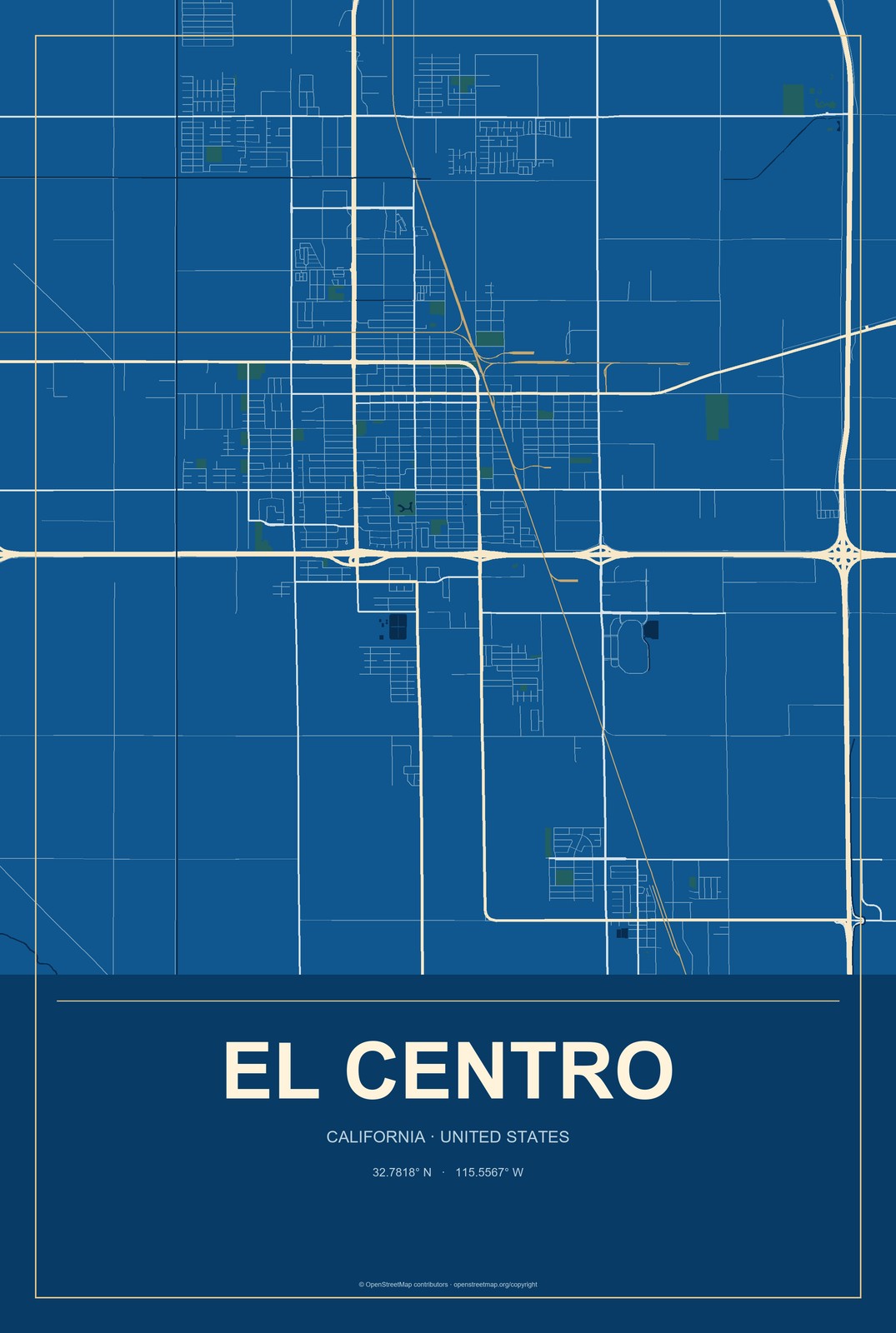 El Centro, California City Map Aluminum Sign in Harbor Cobalt style