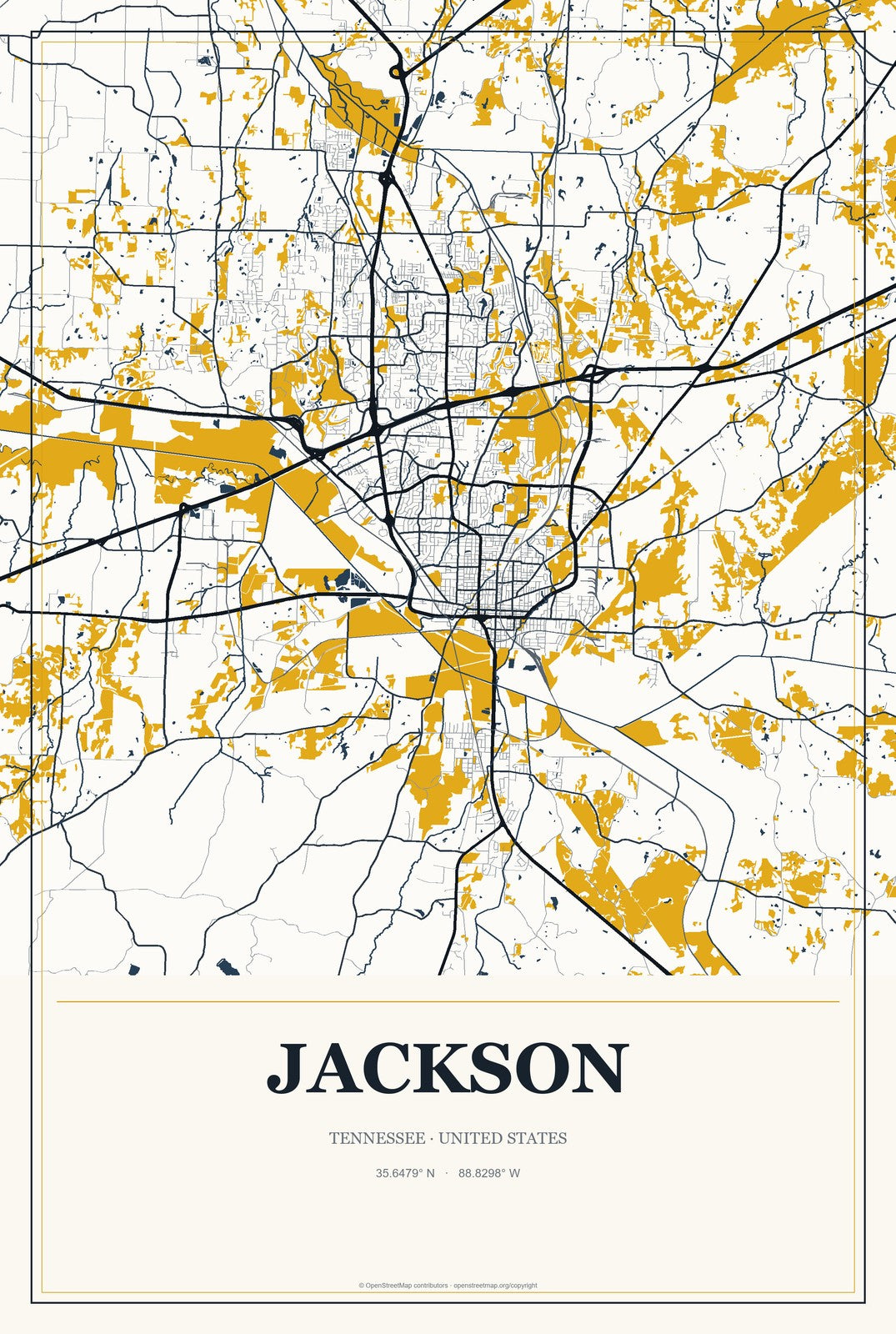 Jackson, Tennessee City Map Aluminum Sign in Citrine Modern style