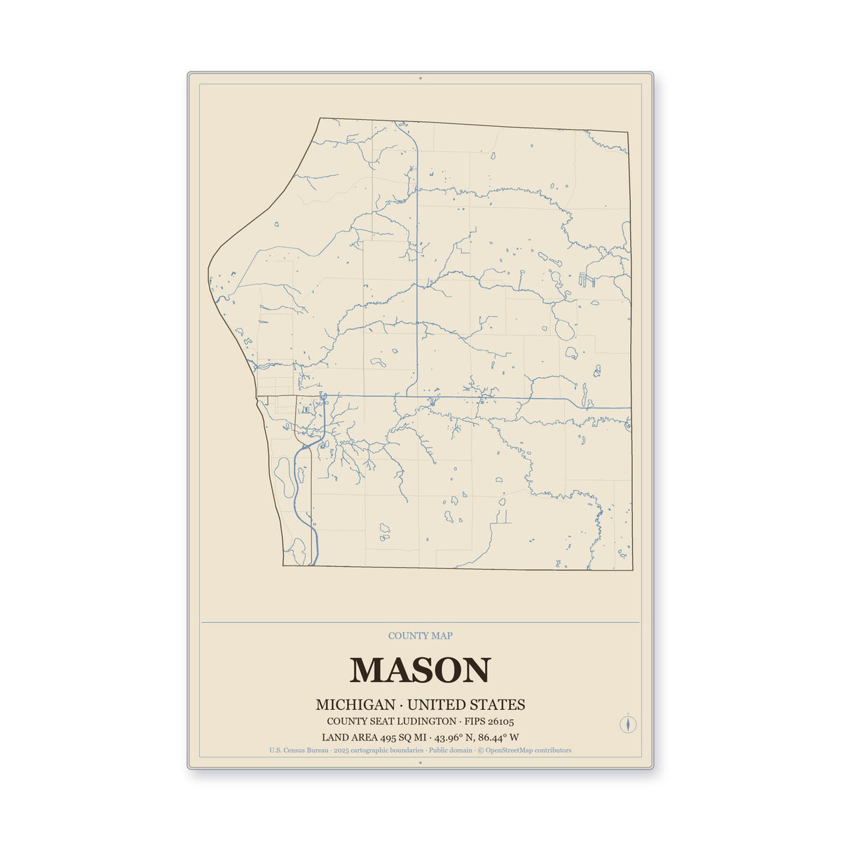 Mason County, Michigan Map Aluminum Sign in Heritage Nautical style