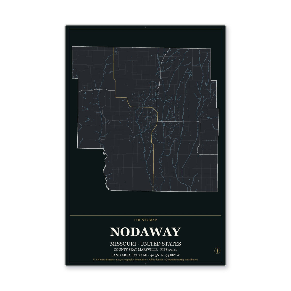 Nodaway County, Missouri Map Aluminum Sign in Metropolitan Noir style
