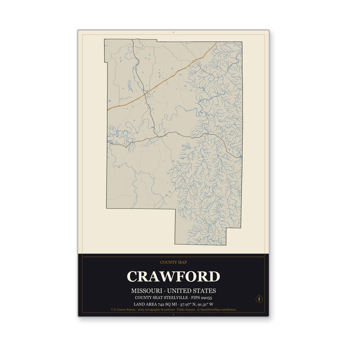 Crawford County, Missouri Map Aluminum Sign in Museum Plaque style
