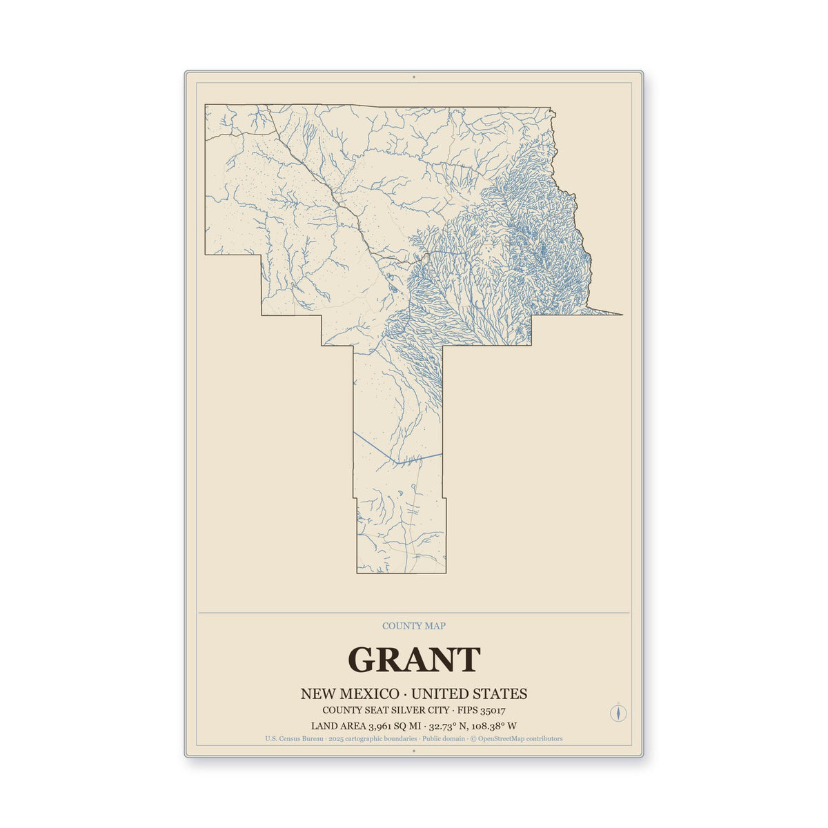 Grant County, New Mexico Map Aluminum Sign in Heritage Nautical style