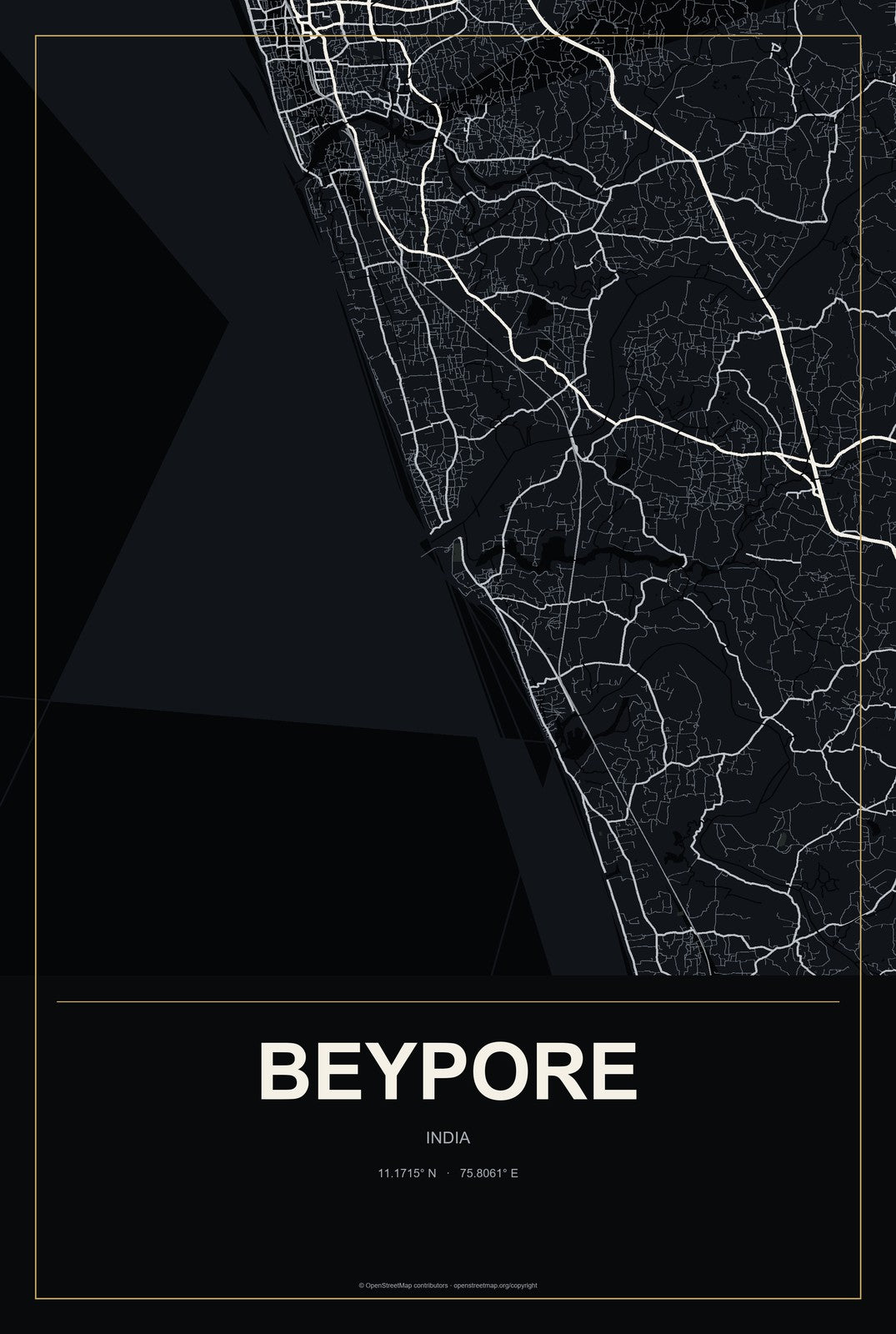 Beypore, India City Map Aluminum Sign in Metropolitan Noir style