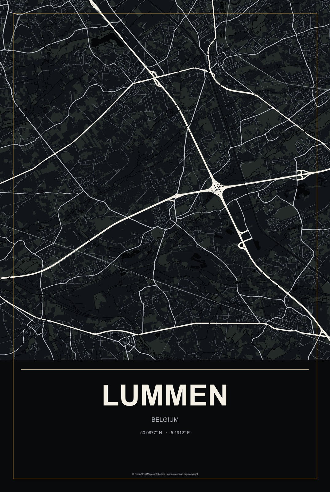 Lummen, Belgium City Map Aluminum Sign in Metropolitan Noir style