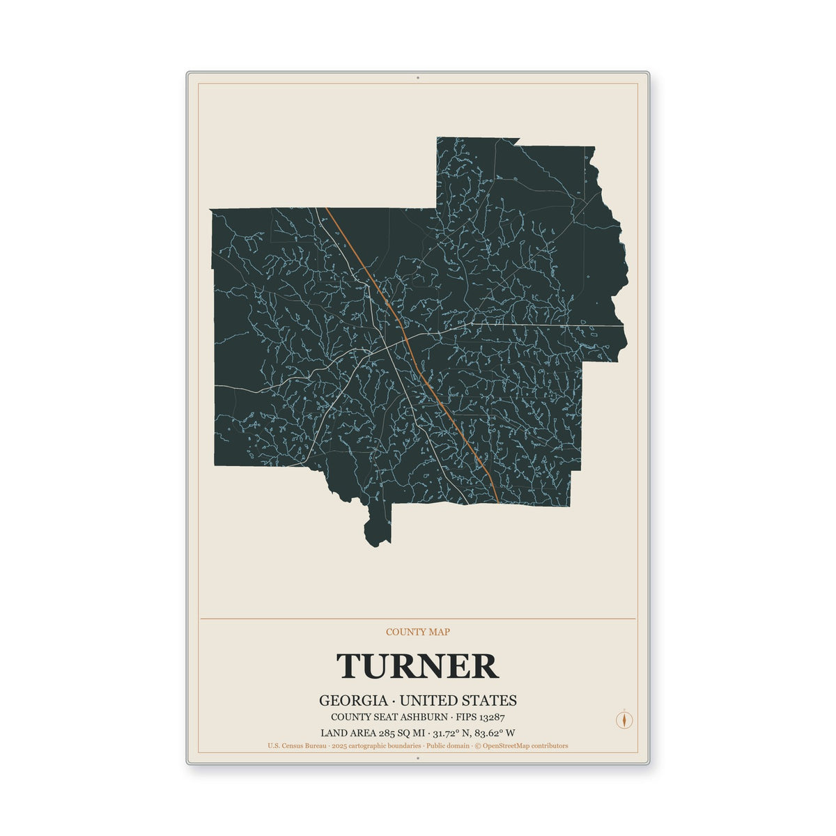 Turner County, Georgia Map Aluminum Sign in Headline Atlas style
