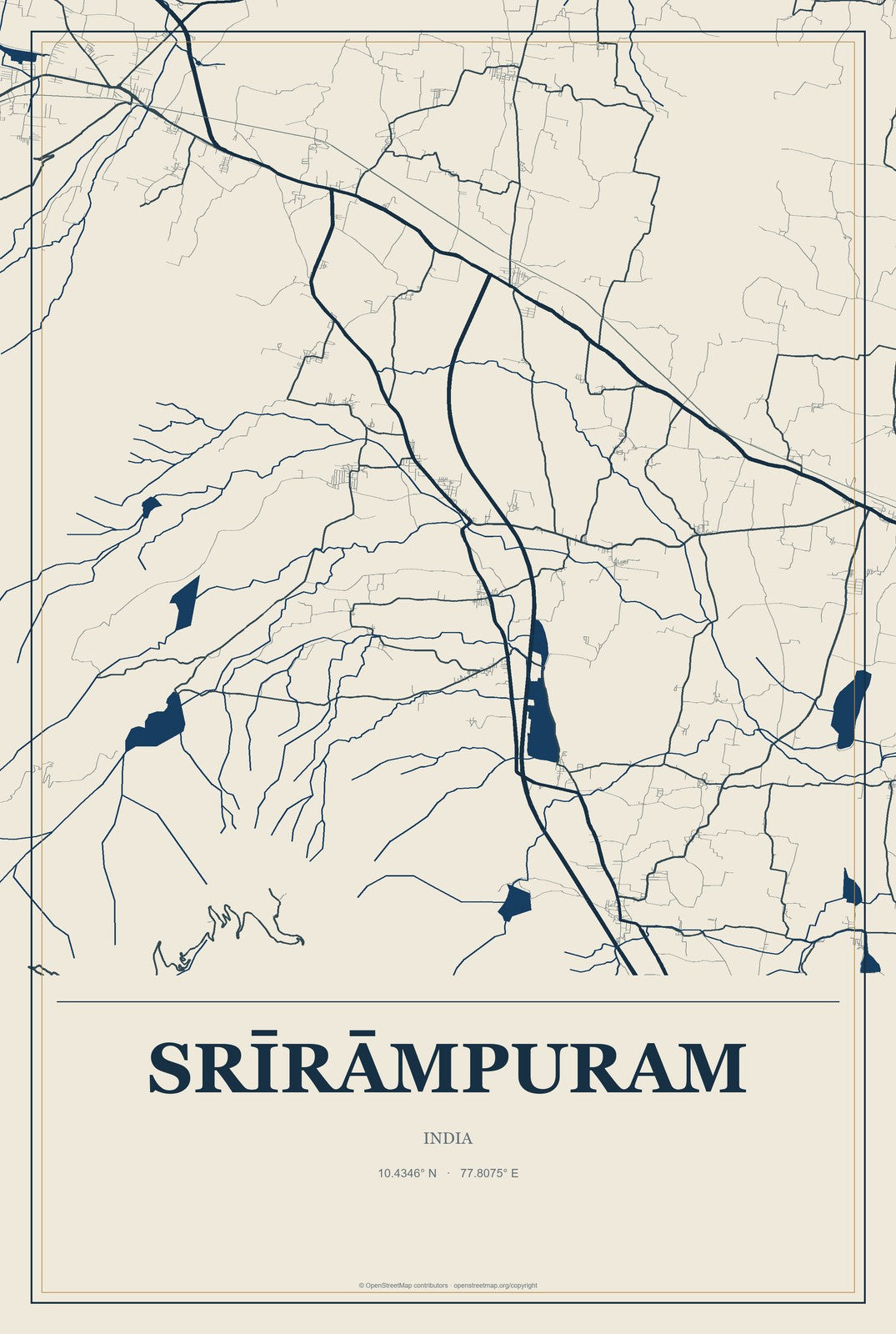 Srīrāmpuram, India City Map Aluminum Sign in Coastal Cutout style