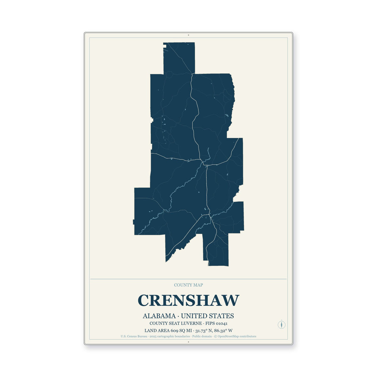 Crenshaw County, Alabama Map Aluminum Sign in Coastal Cutout style