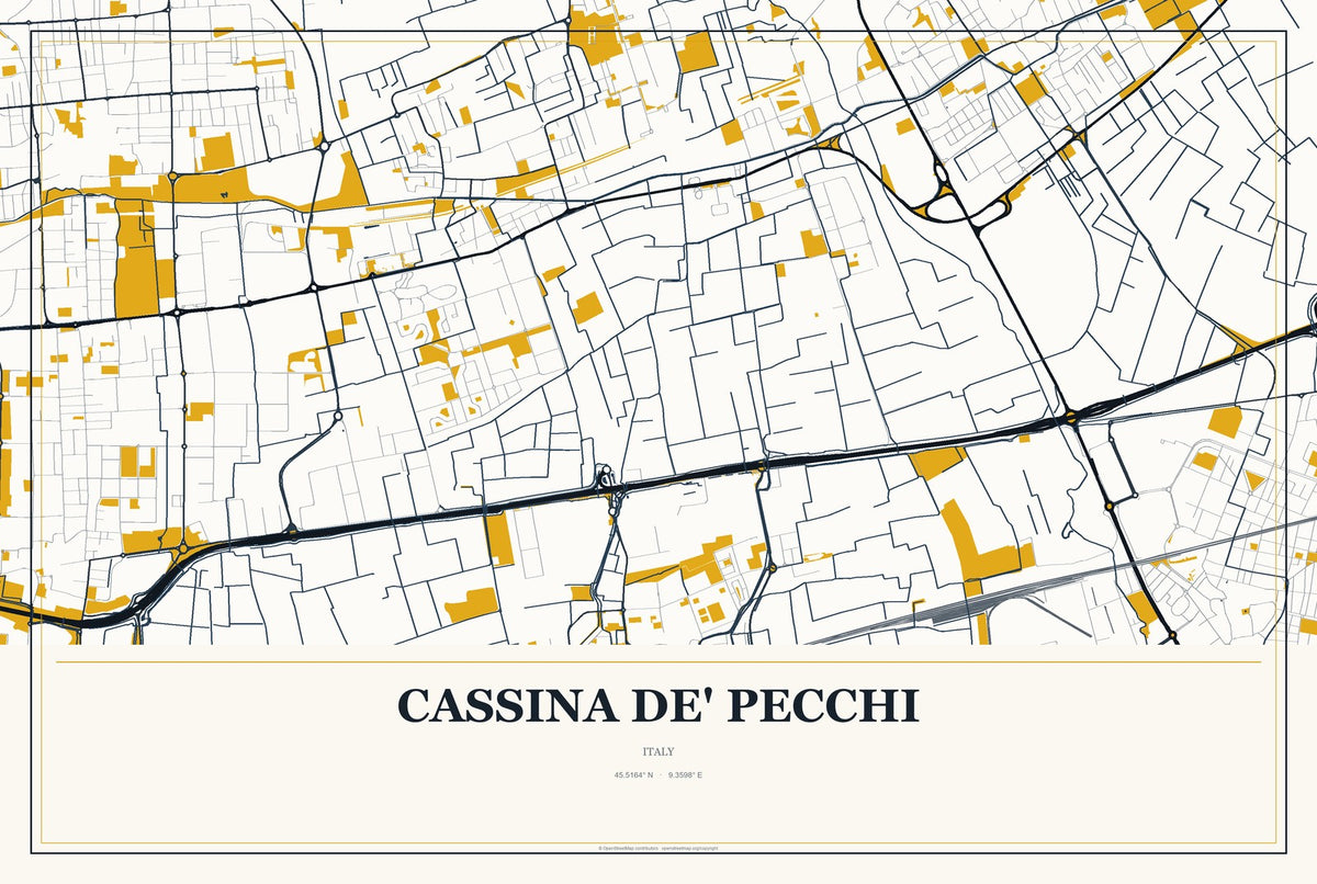 Cassina de' Pecchi, Italy City Map Aluminum Sign in Citrine Modern style