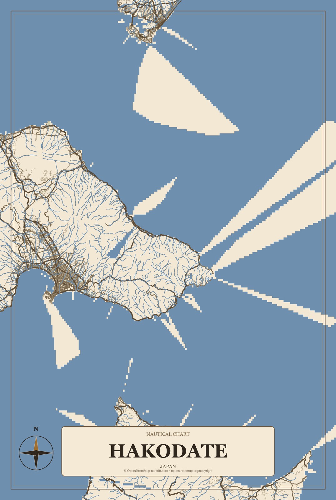 Hakodate, Japan City Map Aluminum Sign in Heritage Nautical style