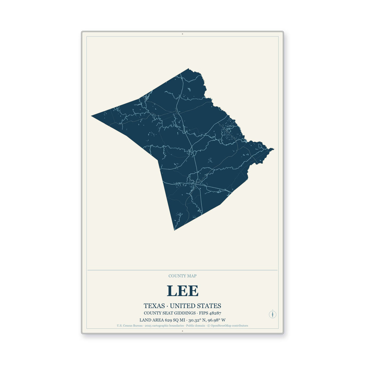 Lee County, Texas Map Aluminum Sign in Coastal Cutout style