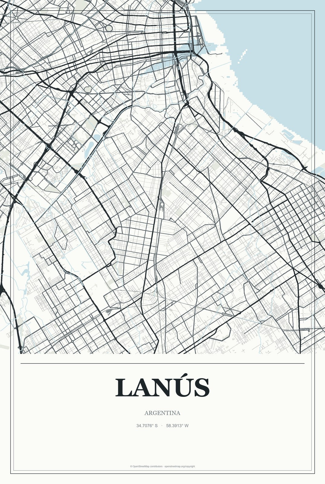 Lanús, Argentina City Map Aluminum Sign in Gallery Air style
