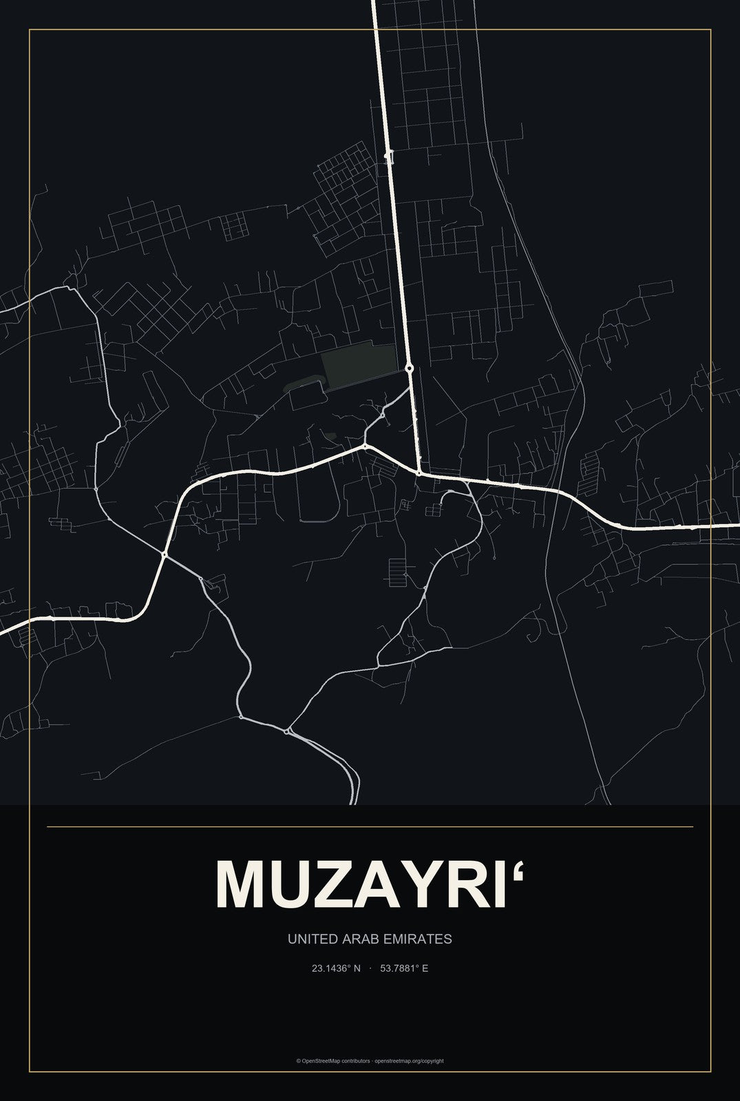 Muzayri‘, United Arab Emirates City Map Aluminum Sign in Metropolitan Noir style