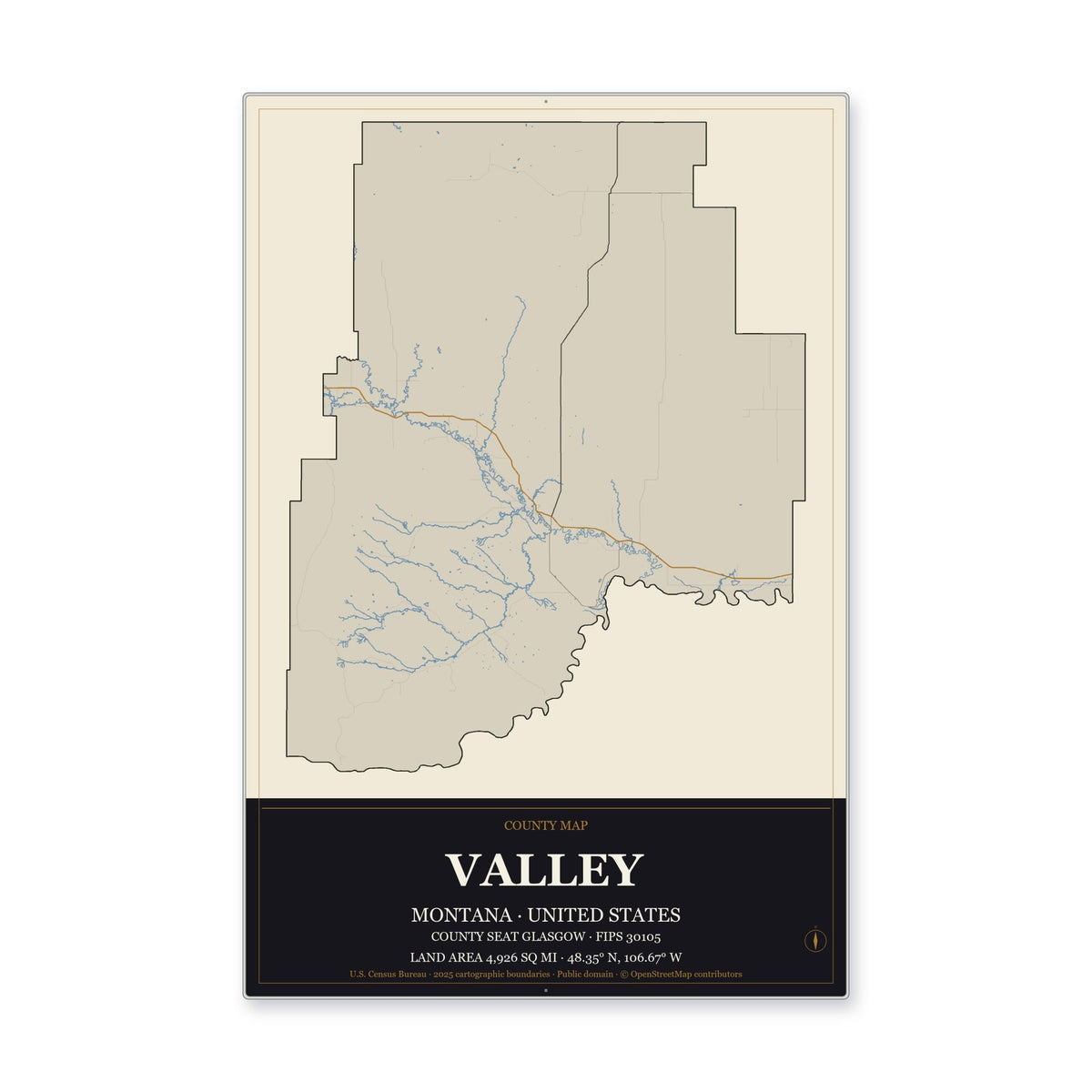 Valley County, Montana Map Aluminum Sign in Museum Plaque style