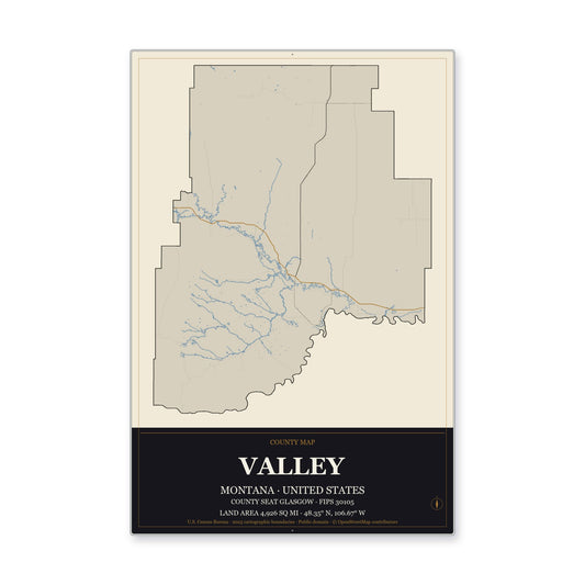 Valley County, Montana Map Aluminum Sign in Museum Plaque style