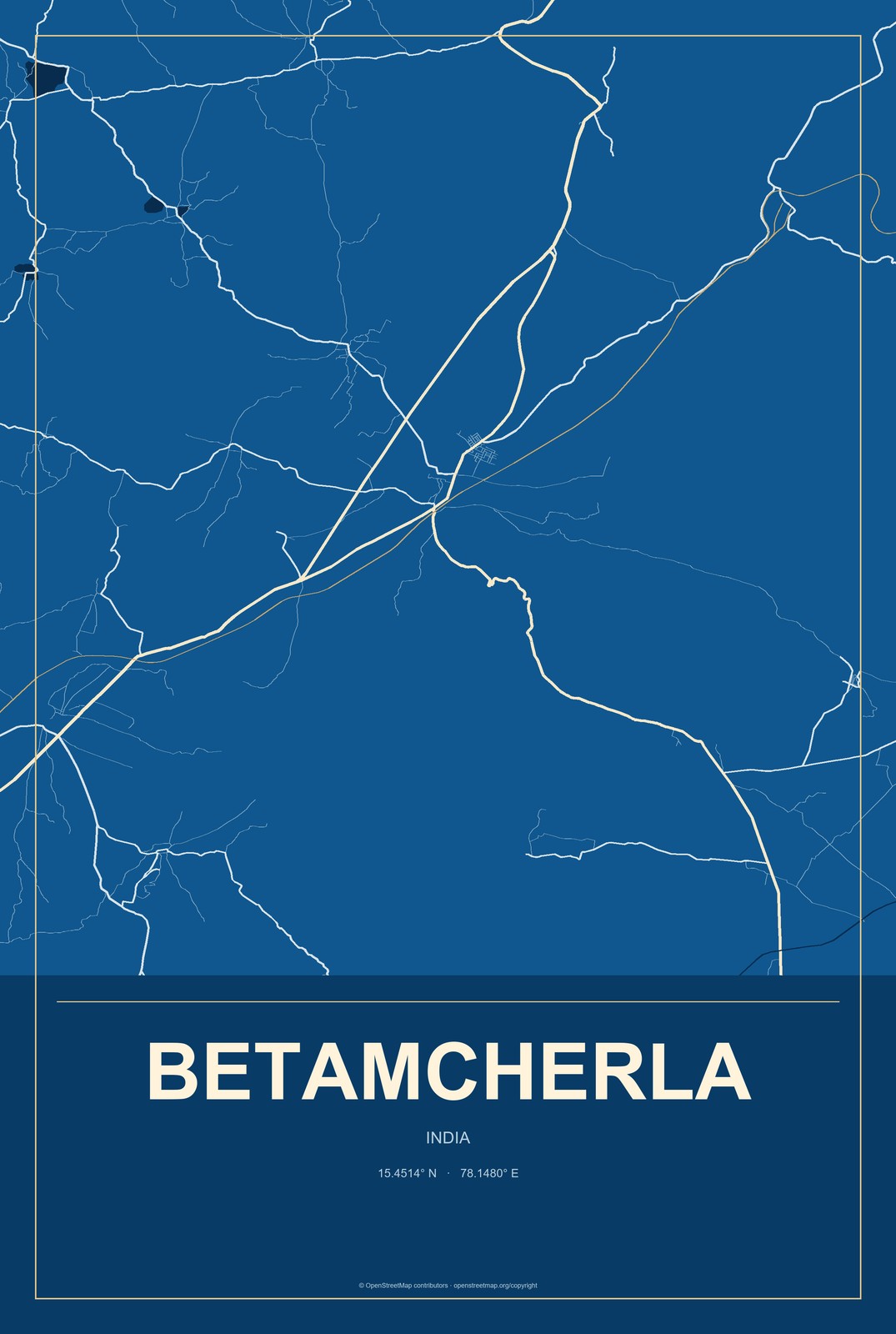 Betamcherla, India City Map Aluminum Sign in Harbor Cobalt style