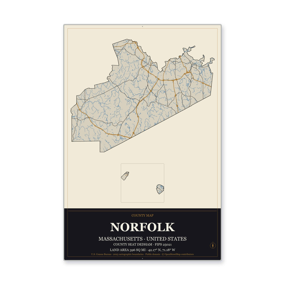 Norfolk County, Massachusetts Map Aluminum Sign in Museum Plaque style