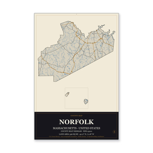Norfolk County, Massachusetts Map Aluminum Sign in Museum Plaque style